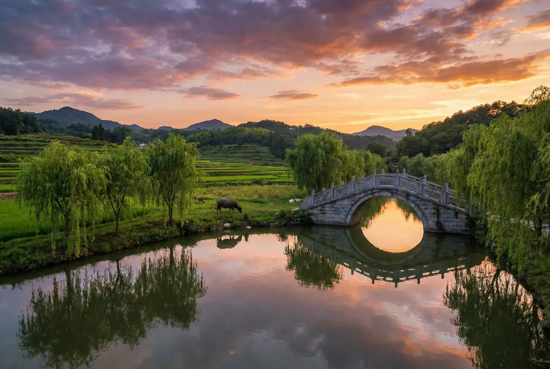 夕阳下的石拱桥与垂柳，水牛在河边吃草 - ysl千人千色官网 乡村美景